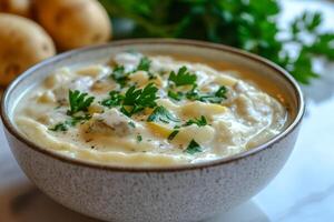 A bowl of creamy mashed potatoes garnished with fresh parsley on a white table surrounded by fresh potatoes photo