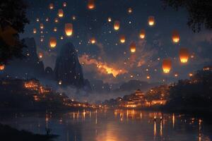 A serene night filled with glowing lanterns floating above a tranquil river in a picturesque landscape photo