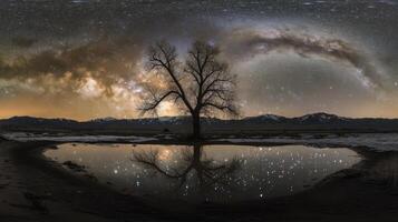 Stunning starry night sky featuring the Milky Way and a lone tree reflecting in a serene water body at twilight photo