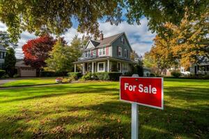 Classic suburban home with a bright red For Sale sign in front, surrounded by autumn foliage and sunny skies photo