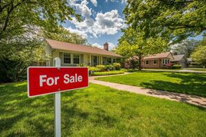 Bright red For Sale sign in front of suburban home with classic design on a sunny day, signaling real estate opportunity for buyers photo