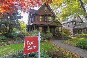 Bright red for sale sign in front of charming suburban home during autumn season photo
