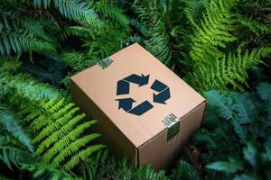 Eco-friendly cardboard box with recycling symbol surrounded by lush ferns in a vibrant green setting photo