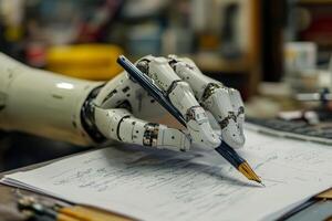A robotic hand grips a pen, preparing to write on paper in a creative workspace showcasing future technology photo