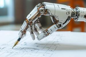 A robotic hand grips a pen, ready to create innovative designs on paper, merging technology with artistic expression in a modern workspace photo