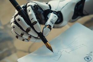 A robotic hand skillfully gripping a pen while poised over sketching paper in a creative and innovative workspace photo