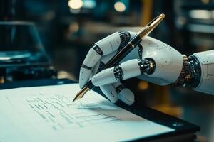 A robotic hand skillfully grips a pen, ready to create on paper, blending technology with creativity in a modern workspace photo