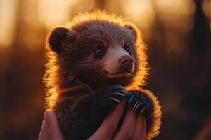 Curious bear cub cradled in hands enjoys a peaceful sunset moment in nature photo