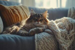 A fluffy cat relaxes on a cozy couch under sunlight with a knitted blanket creating a peaceful atmosphere photo