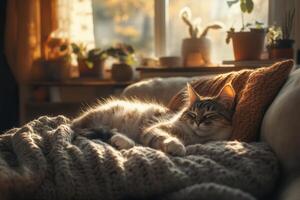 A fluffy cat relaxes on a cozy couch with a knitted blanket in warm sunlight shining through the window photo
