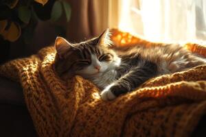 A fluffy cat relaxes on a knitted blanket while sunlight fills the cozy living room, creating a warm and peaceful atmosphere photo