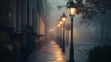 Foggy morning in a quiet city street with soft light illuminating empty sidewalks and vintage lampposts creating a serene atmosphere photo