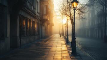 A foggy morning in a quiet city street with vintage lampposts illuminating the empty sidewalks softly photo
