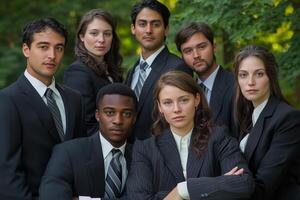 Group of professionals in formal attire posing together in a lush outdoor setting during a business networking event photo