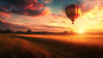 A hot air balloon gracefully floats over a golden field at sunrise with warm colors illuminating the tranquil sky photo
