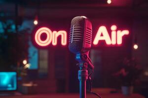Microphone in a podcast studio under glowing On Air sign during late night broadcast photo