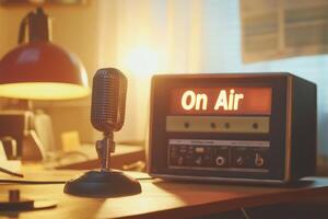 Microphone in a radio podcast studio with an illuminated On Air sign during a broadcasting session in the late afternoon photo