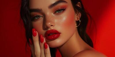 A female model showcasing vibrant red lips and nails against a striking red background, featuring contemporary makeup artistry and a stylish manicure photo