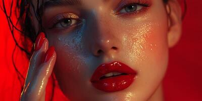 A close-up portrait of a female model showcasing bold red lips, vibrant red nails, and luminous skin against a striking red background photo