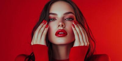A captivating female model showcases striking red lips and matching nails against a bold red background, highlighting cosmetics and beauty photo