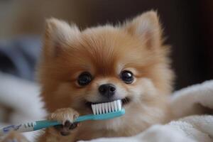 Small brown and white dog happily brushing its teeth with a toothbrush at home on a sunny morning photo