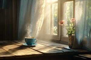 acogedor Mañana café en un rústico mesa con luz de sol transmisión mediante el ventana y flores cerca foto