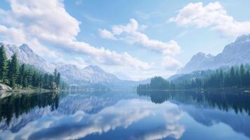 A serene lake nestled in the mountains with pine trees under a blue sky and fluffy clouds during a calm day photo