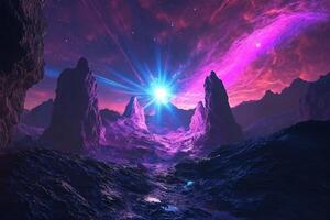 A vibrant cosmic landscape with a glowing portal and dynamic lasers in a dark rugged environment at night photo