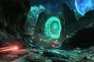 A vibrant cosmic landscape features a glowing portal surrounded by dynamic lasers in a dark rugged environment photo