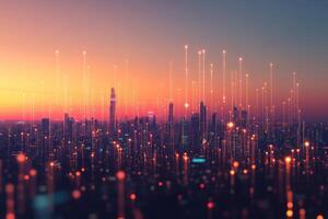 A vibrant smart city skyline at dusk with glowing connections symbolizing big data and technology integration photo