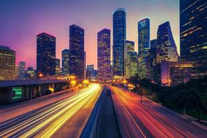 A dazzling smart city skyline at dusk showcasing glowing connections that represent big data and technology integration photo