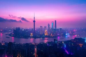 A dynamic smart city skyline at dusk with glowing connections highlighting big data and technology integration photo