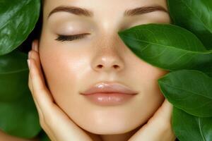 Closeup of a woman with leaves highlighting her face, embracing nature for skincare during a serene moment photo