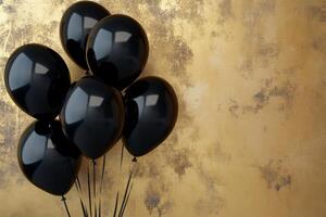 Black balloons featuring discounts on a gold background with ample copy space for promotions and advertisements photo