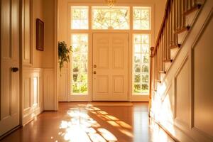 Bright and welcoming entry hall filled with sunlight highlighting the home's inviting atmosphere photo