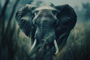 Majestic elephant stands tall in a grassy field of the African savannah at dawn with a misty backdrop photo