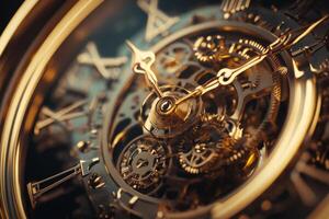 Intricate details of an antique mechanical clock showcasing golden gears and polished metallic surfaces in a stunning close-up photo
