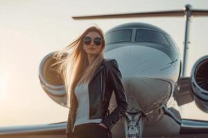 Confident woman disembarking from private jet during sunset in luxury travel setting photo