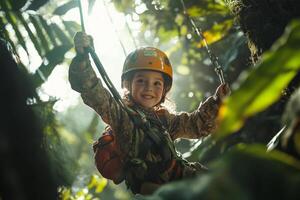 Child joyfully swings through a vibrant forest while wearing safety gear during an adventurous outdoor activity photo