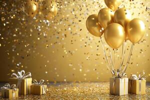 Golden celebration with balloons, confetti, and presents for a festive occasion photo