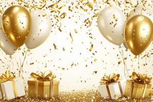 Golden celebration with balloons, confetti, and presents creates a festive atmosphere for a special occasion photo