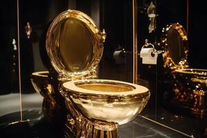 Luxurious golden toilet displayed in a modern restroom with sleek design and creative decor photo