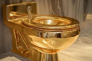 Luxurious golden toilet showcased in an elegant space, blending extravagance and design creativity photo