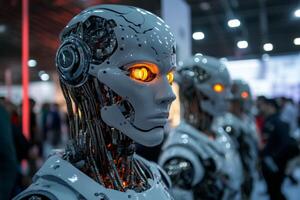 Humanoid robots with glowing eyes showcase advanced artificial intelligence at technology expo photo
