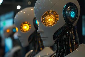 Humanoid robots with glowing eyes showcase the future of artificial intelligence at a technology expo photo