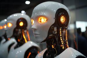 Humanoid robots with glowing eyes showcase advancements in artificial intelligence at a technology expo photo