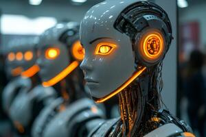 Humanoid robots with glowing eyes display cutting-edge artificial intelligence at technology expo photo
