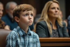 Parents argue intensely over child custody in crowded courtroom with anxious son present photo