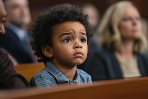 Tense courtroom custody battle as parents argue while their son looks on anxiously in a busy courtroom photo