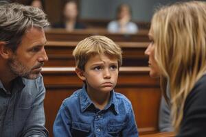 Parents argue in a courtroom about child custody while their anxious son watches the tension unfold photo